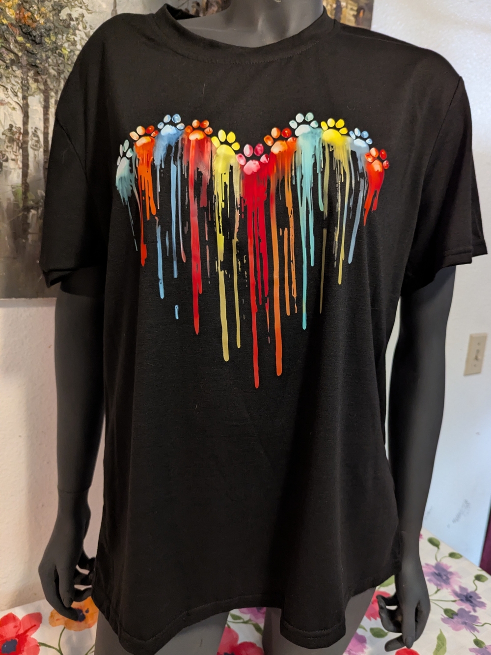 Women's Black T-Shirt with Rainbow Drip Heart Graphic
